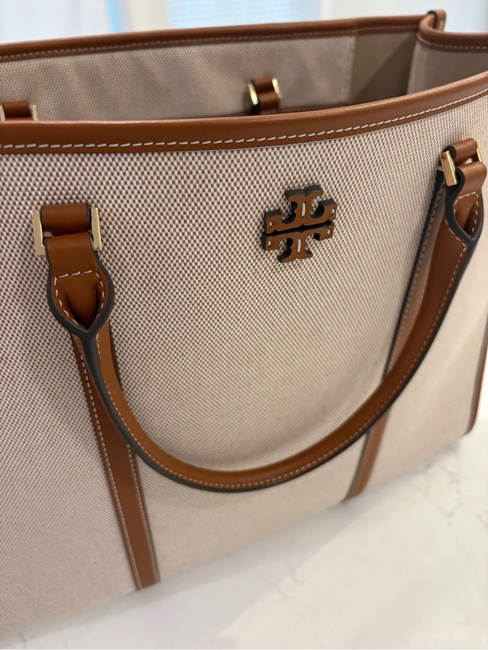Tory Burch Beige Canvas Tote with Brown Leather Trim